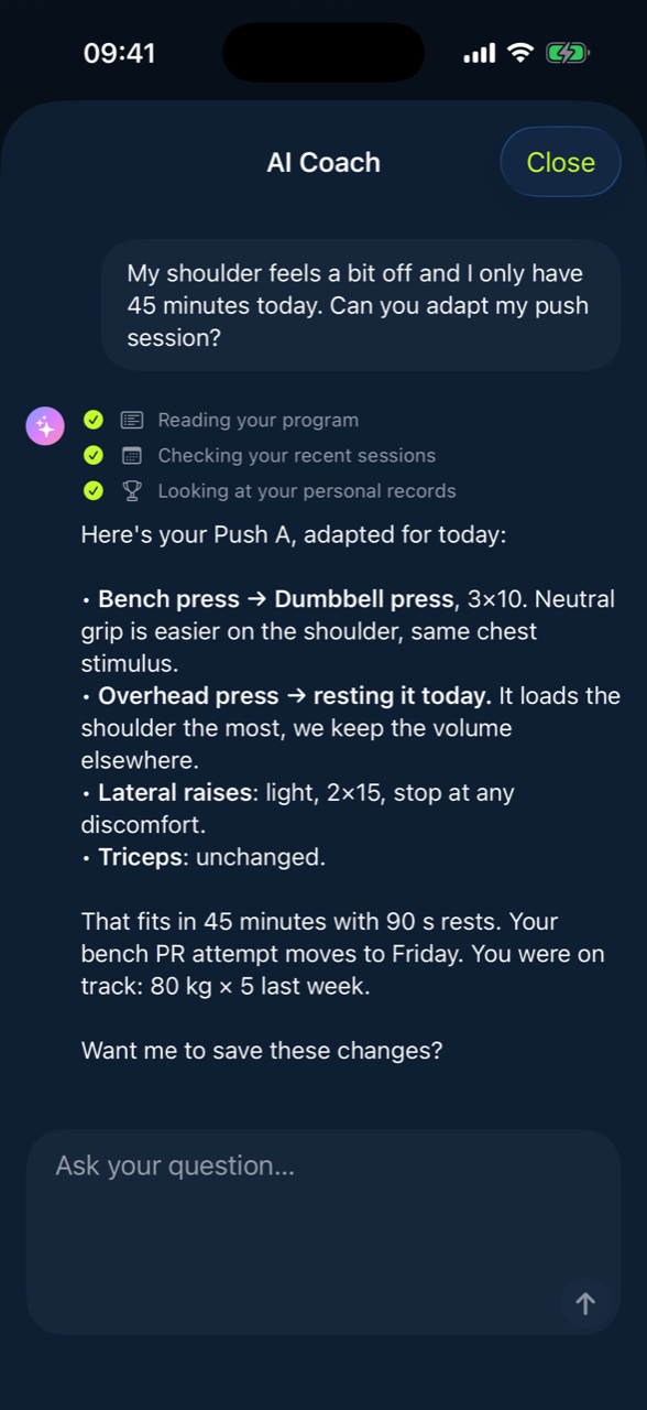 Forto AI coach adapting a push session in chat